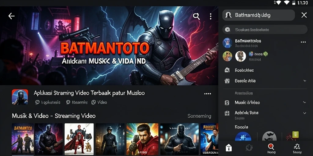 Antarmuka aplikasi BATMANTOTO menampilkan berbagai konten musik dan video.